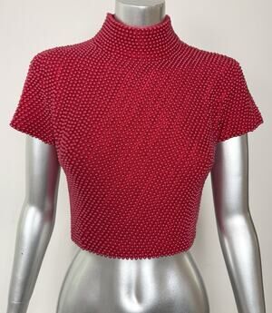 Vintage Cache Red Pearl Beaded Top 80s 90s Mock Neck Editorial Glam Sz 8